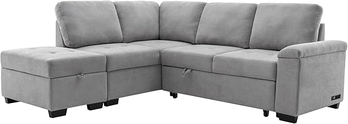 Flieks L-Shape Sleeper Sectional Sofa Bed with Storage Ottoman &amp Hidden Arm Storage 85Inch Sectional Corner Couch Sofa-Bed for Living Room Apartment