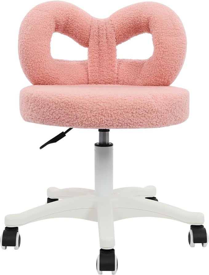 Cute Bow Backrest Chair Pink Make-up Chair Height Adjustable Roller Chair with 5 Wheels Armless Dressing Chair Small Upholstered Accent Chair Desk Chair for Bedroom Living Room