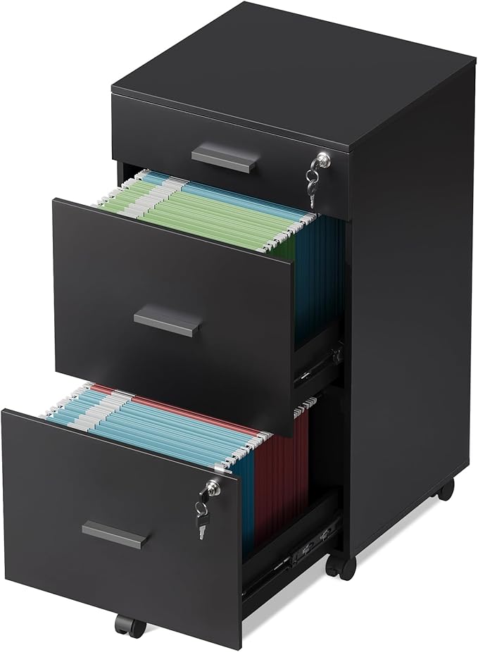DEVAISE 3 Drawer Rolling File Cabinet with Lock Wood Filing Cabinet fits Letter / A4 Size for Home Office Black