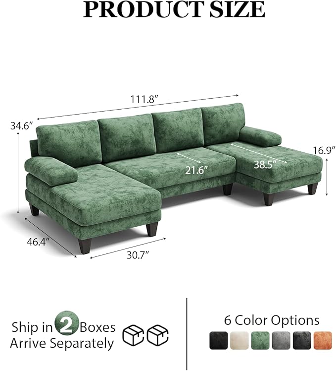U-Shaped Sectional Couches for Living Room | Cheille Sofa with Double Chaise | 112 Inch Green Sectionals Couch for Apartment