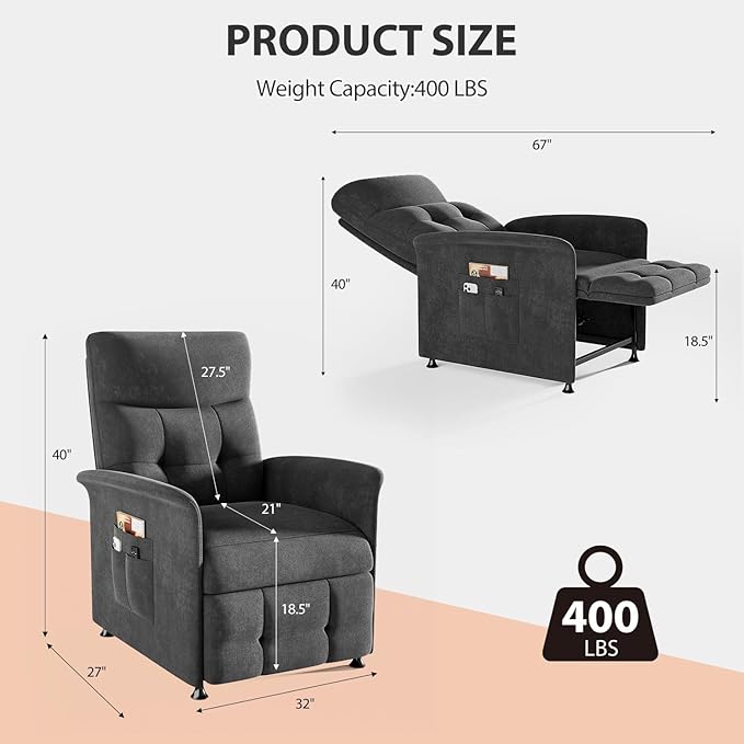 Power Recliner Chair for Adults with Heat &amp Massage - Soft Fabric Electric Reclining Sofa with Remote Control 3 Side Pockets 180° Lay Sleeper for Living Room Home Theater Dark Grey