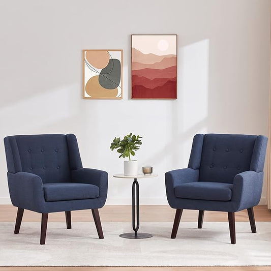 HUIMO Accent Chair Arm Chair Set of 2 Button Tufted Upholstered Reading Chair Linen Fabric Mid Century Modern Chairs for Bedroom Living Room Chair Comfy Sofa Chair(2 Dark Blue)