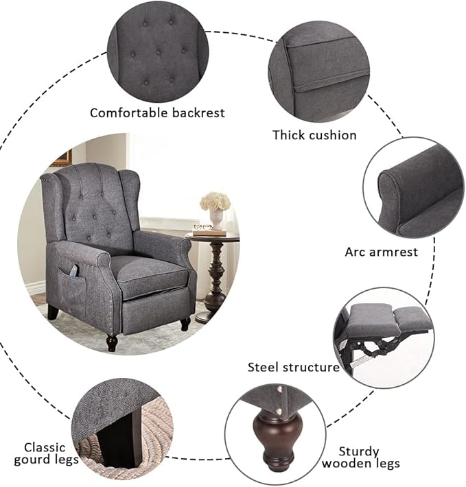 SAMERY Wingback Recliner Chair with Massage and Heat Accent Chair Push Back Recliner Tufted Arm Chair for Living Room Bedroom Reading Lounge Sofa Seat with Remote Control Adjustable Backrest