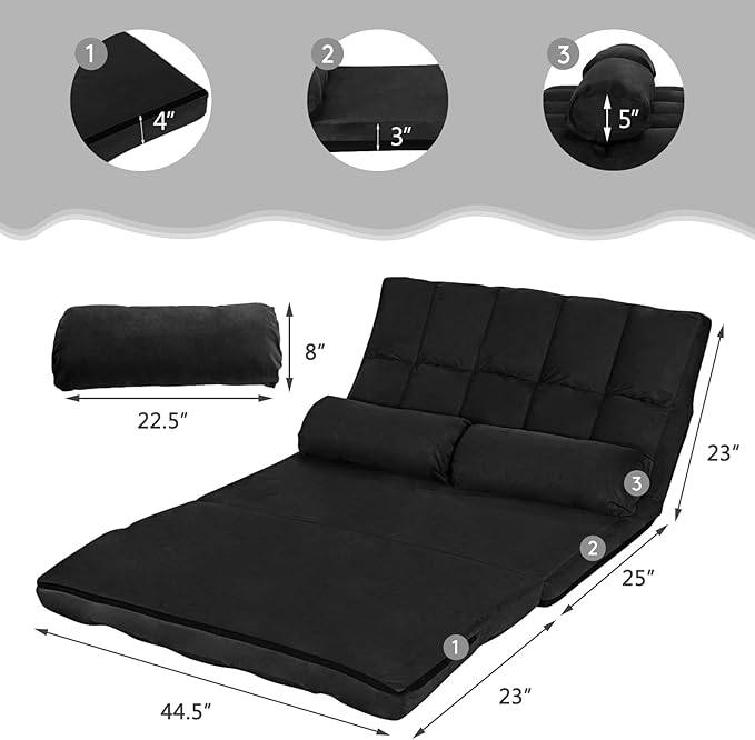 Giantex Adjustable Floor Sofa 6-Position Foldable Lazy Sofa Bed Durable &amp Stable Suede Floor Seating Couch with 2 Pillows (Black)