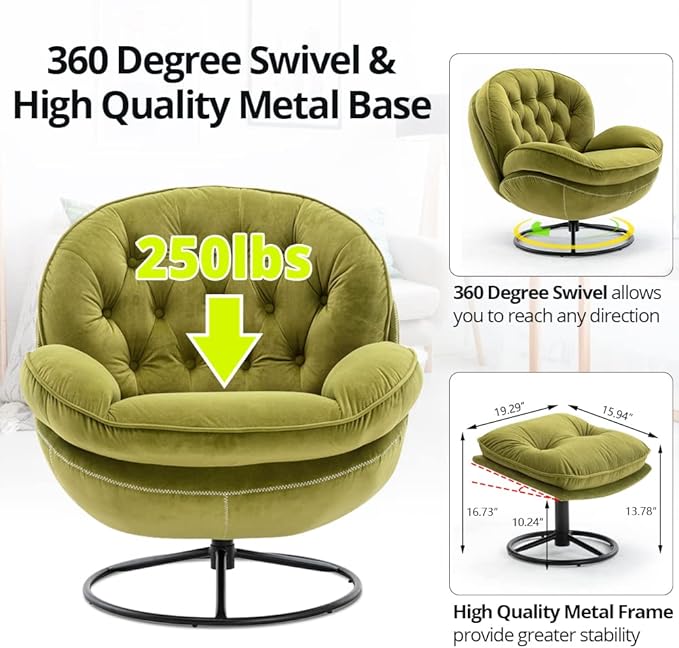 Velvet Swivel Accent Chair with Ottoman Set Modern Lounge Chair with Metal Base Frame &amp Footrest Comfy Single Leisure Sofa Chair Reading Chair with 360 Degree Swiveling for Living Room Fruit Gr