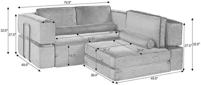 KEIKI 80 Convertible Couch Corduroy Modular Floor Sofa Bed Folding Lounge Sofa with High Density Foam Deep Seat Floor Couch for Living Room Khaki