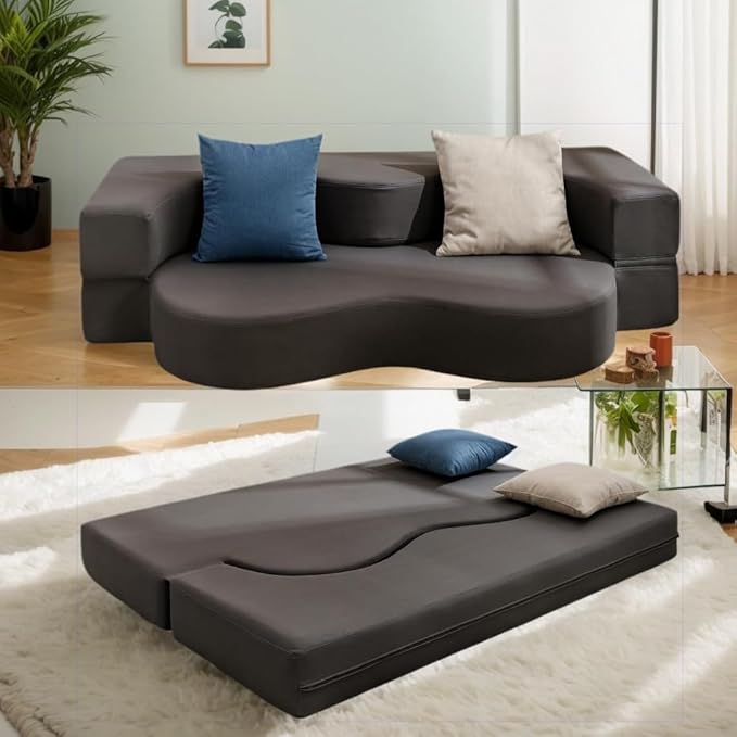 PUREMIND Queen Folding Floor Sofa Bed Lazy Foam Floor Couch Bed with Leathaire Fabrics Convertible Fold Out Sleeper Sofa Bed 2 in 1 Foldable Sofa Bed for Living Room/Apartment/Office