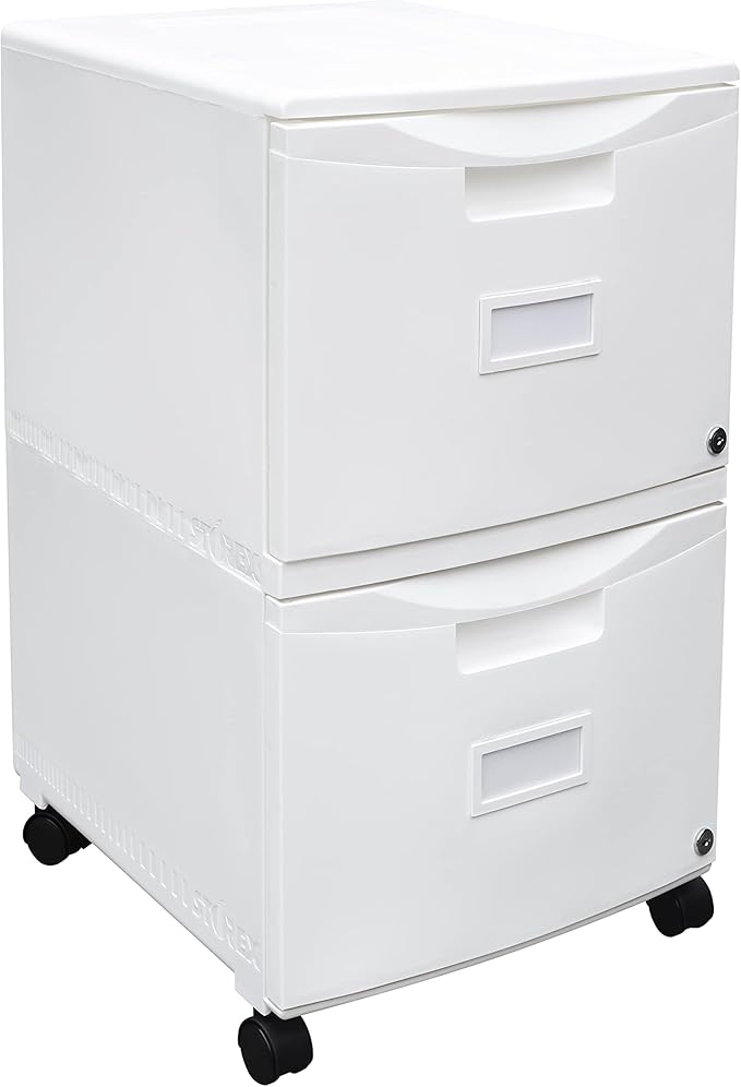 Storex Plastic Two-Drawer Mobile Pedestal File Cabinet – Locking Document Organizer with Casters for Home and Office White 1-Pack (61316A01C)
