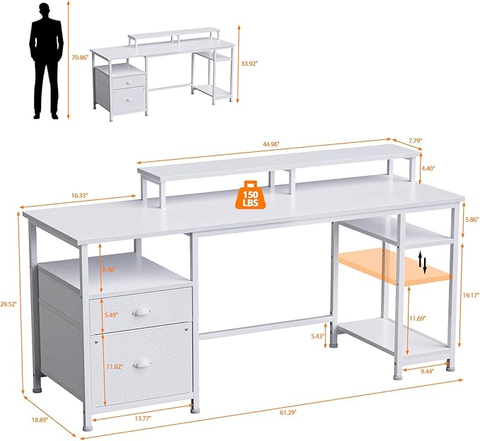 Furologee 61 Computer Desk with Fabric File Cabinet &amp Drawer Reversible White Table with Storage Shelf Office Desk with Long Monitor Stand Writting Table Workstation for Home/Office/White