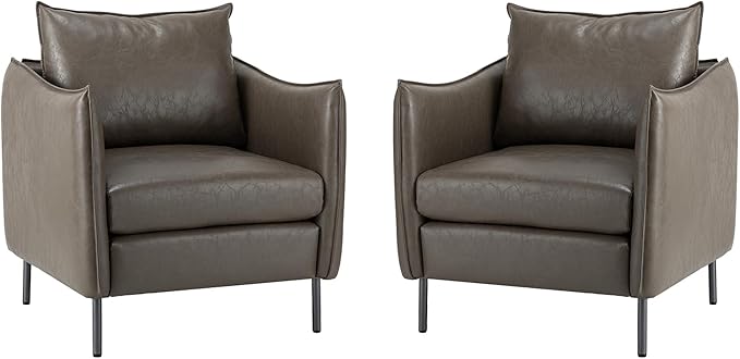 HULALA HOME Leather Armchair Set of 2 Modern Faux Leather Accent Armchair Upholstered Living Room Chairs with Moveable Cushion for Living Room Office Reading Customer Reception Grey