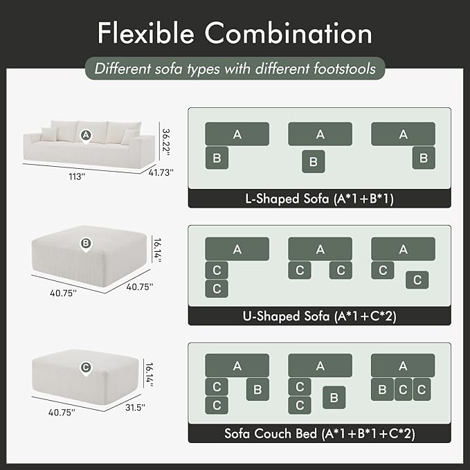 113 Modular Sectional Couch Cloud Boneless Sofa with Deep Seats Upholstered Corduroy Sofa Bed with Loung Chaise 3-Seater Couches for Living Room No Assembly Required Beige