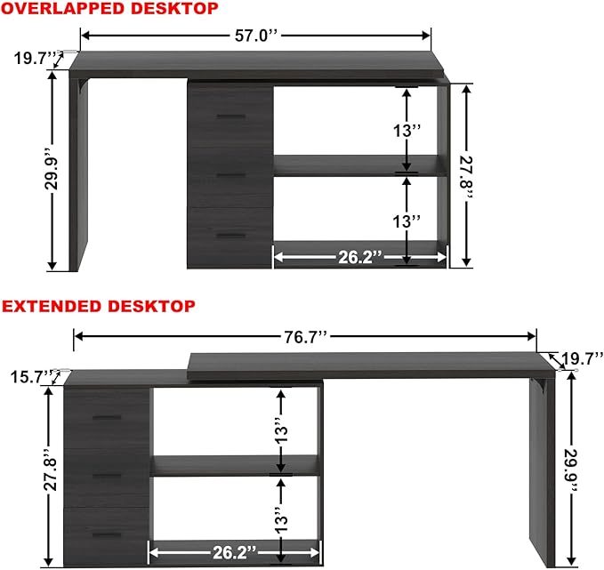 HSH L Shaped Desk with Drawers Shape Computer Storage Cabinet Shelves Reversible Modern Industrial Home Office Corner Desk Rustic Wood Executive Writing Gaming Study Table Gray 55 Inch
