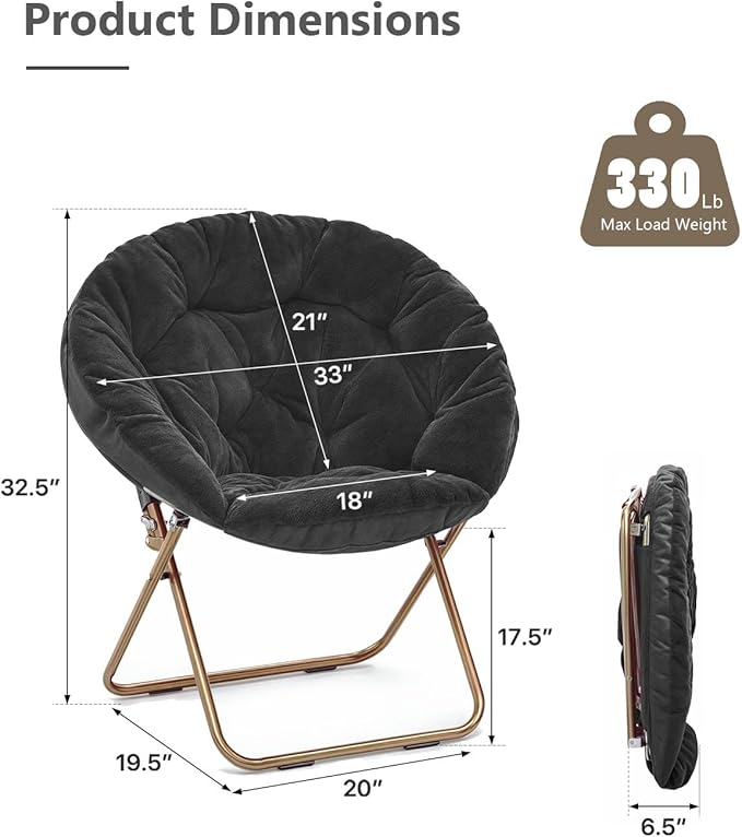 Cozy Saucer Chair Living Room Chair Faux Fur Soft Thick Padded Seat Metal Frame Folding Chair Comfortable Moon Chair for Living Room Bedroom Reading Nook Modern Style 2 Pack Black