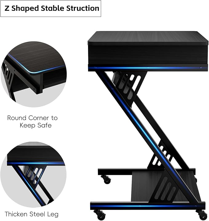Computer Desk with Keyboard Tray 23.6 inch Rolling Small Desk with Wheels Computer Cart with Storage Mobile Desk Z Shaped for PC Home Office Black
