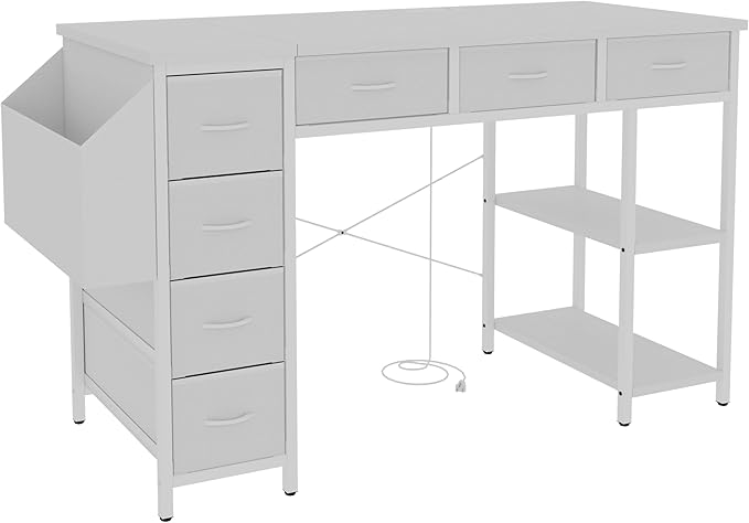 47 Computer Desk with Power OutletWriting DeskHome Office DeskVanity Table with 7 Fabric Drawers Large Side PocketWhite