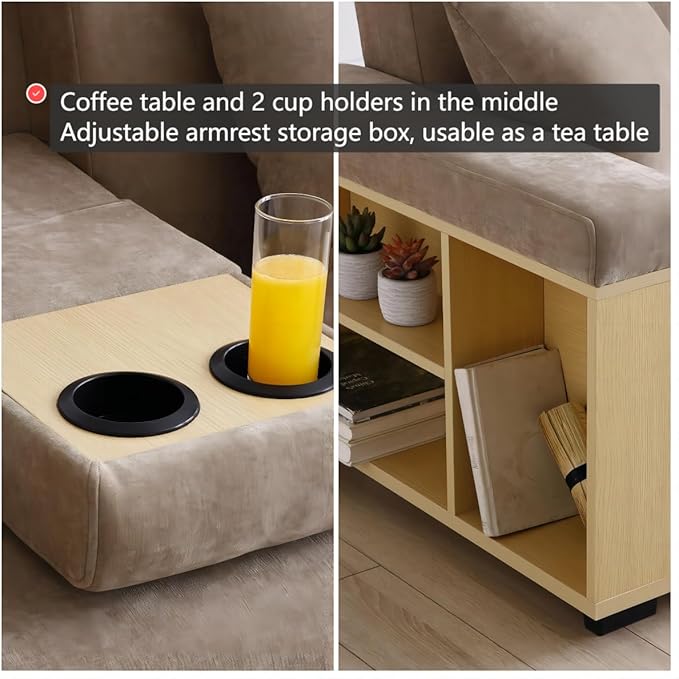 Sofa 84.65 Convertible Sofa Bed with Storage Ottoman Adjustable Armrest &amp Coffee Table - Perfect for Small Apartments 2 Drawers Soft Cotton Linen Fabric Solid Wood FrameLight Brown
