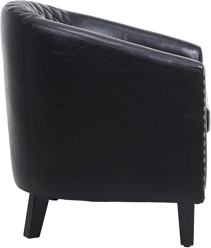 Accent Barrel Chair Living Room Chair with Nailheads and Solid Wood Legs Black pu Leather