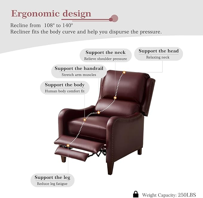 HULALA HOME Genuine Leather Recliner Chair Modern Push Back Recliner Armchair with Thick Seat Backrest &amp Footrest Nailhead Decor for Living Room Bedroom Burgundy