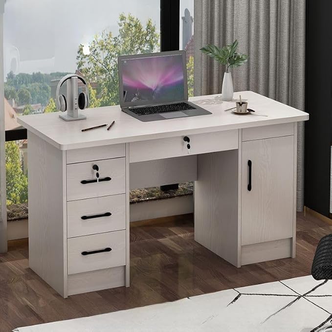RUNNUP Wood Office Computer Desk with Locking Drawer Contemporary Office Desk Simple Writing Desk Home Office Furniture Without Keyboard Tray 47 L x 24 W x 30 H Light Walnut Color