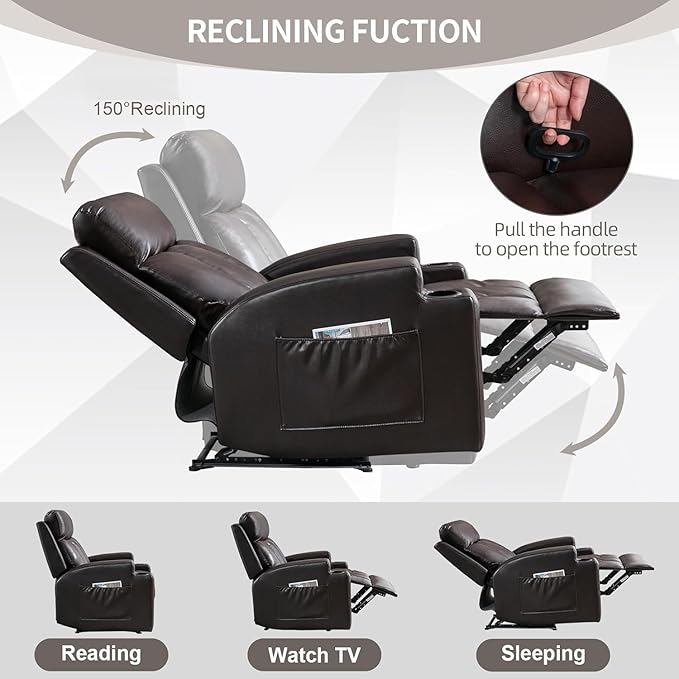 3PCS Faux Leather Manual Recliner Chair for Adults Comfy Reclining Chairs with Overstuffed Arm and Back Single Sofa for Living Room (3 Brown)