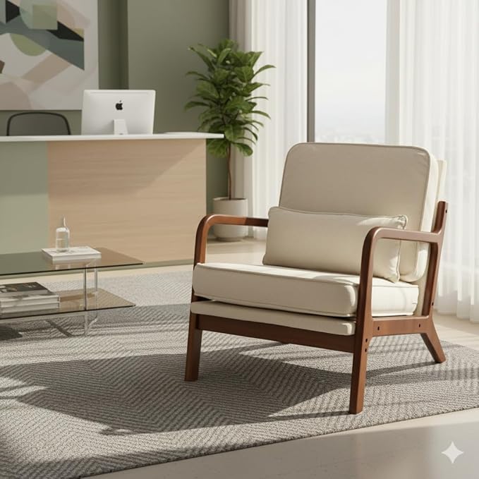 Simple Deluxe Mid-Century Modern Wood Accent Chair &amp Cozy Reading Chair Upholstered Living Room Chair with Waist Cushion Solid Wood Chair with Pillow for Bedroom Beige