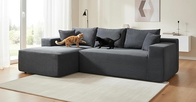 Ridge 2-Piece Convertible Corduroy L-Shaped Sofa in a Box with Pillows 3-Seater Modular Sectional Couch Compressed Living Room Furniture Dark Grey (Left Facing)