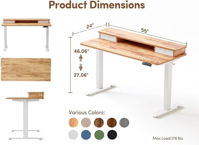 CubiCubi 55 x 24 Inch Electric Height Adjustable Standing Desk with Double Drawers 4 Adjustable Feet &amp 2 Hooks Home Office Computer Workstation Light Rustic