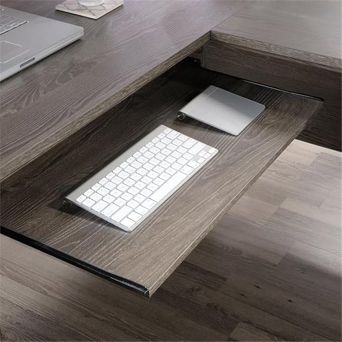 Pemberly Row L-Shaped Engineered Wood Computer Desk Emery Oak Finish 65 in x 65 in x 30 in Durable 1 in Thick Top Slide-Out Keyboard Shelf 3 Drawers Adjustable Shelf Home Office Desk