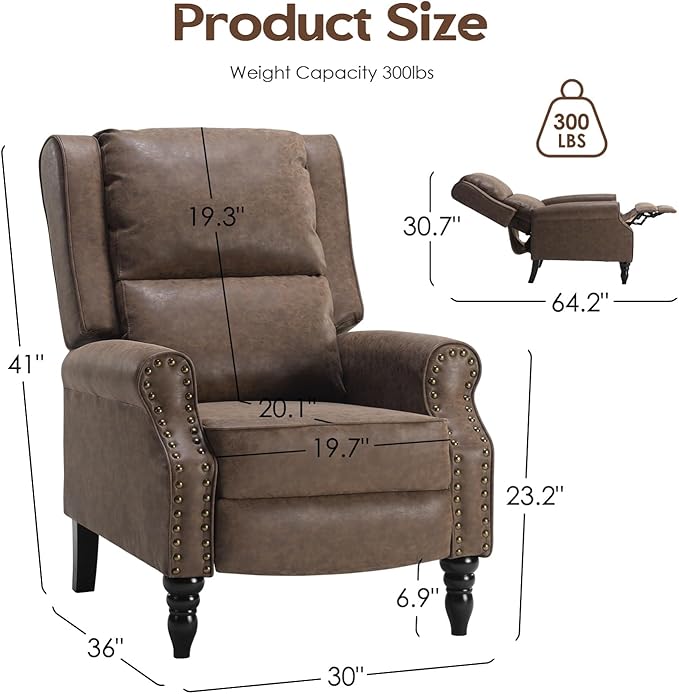 Leather Recliner Chair Pushback Recliner Chair with Adjustable Backrest Footrest Mid-Century Modern Living Room Reclining Chairs with Lumbar Support for Reading Bedroom (Brown)