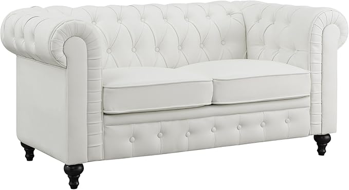 Naomi Home Emery Chesterfield Leather Loveseat Mini Sofa Sleeper Loveseat Small Sofa Bed with Rolled Arms Tufted Cushions 2 Seater Sectional Small Loveseat for Spaces Living Room White