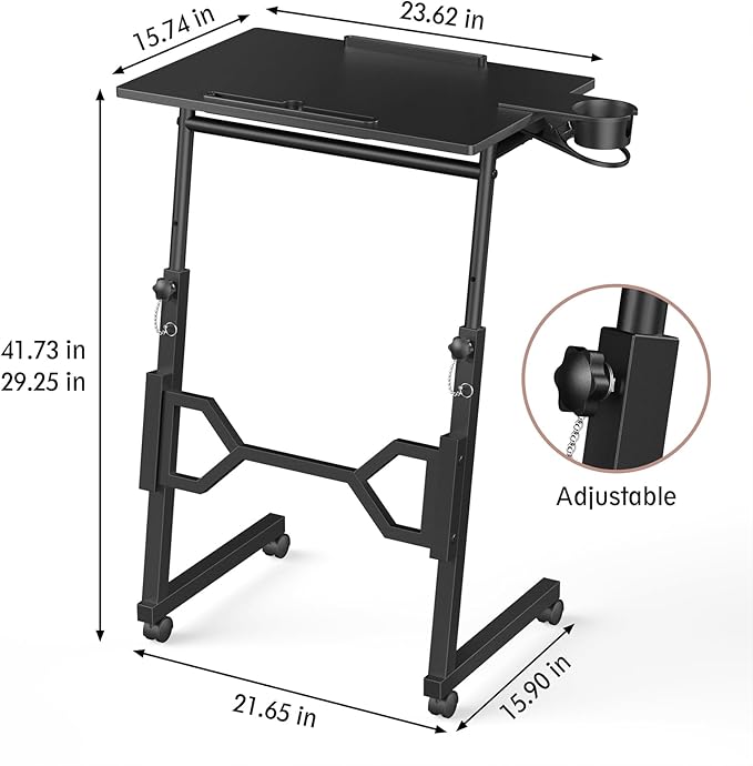 Small Standing Desk with Wheels Portable Treadmill Desk Rolling Desk Adjustable Height for Laptop Mobile Standing Table for Walking Pad Bedside Table