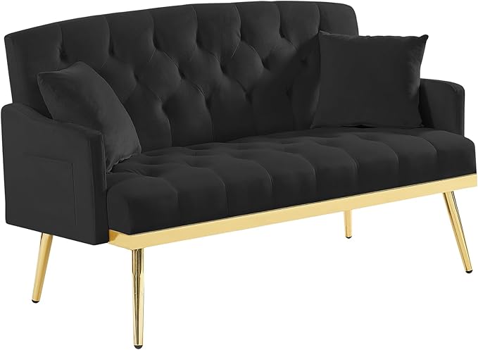 Velvet Tufted Small Loveseat Sofa Modern 2 Seater Small Sofa Couch with Gold Metal Legs and 2 Pillows for Living Room (Black)
