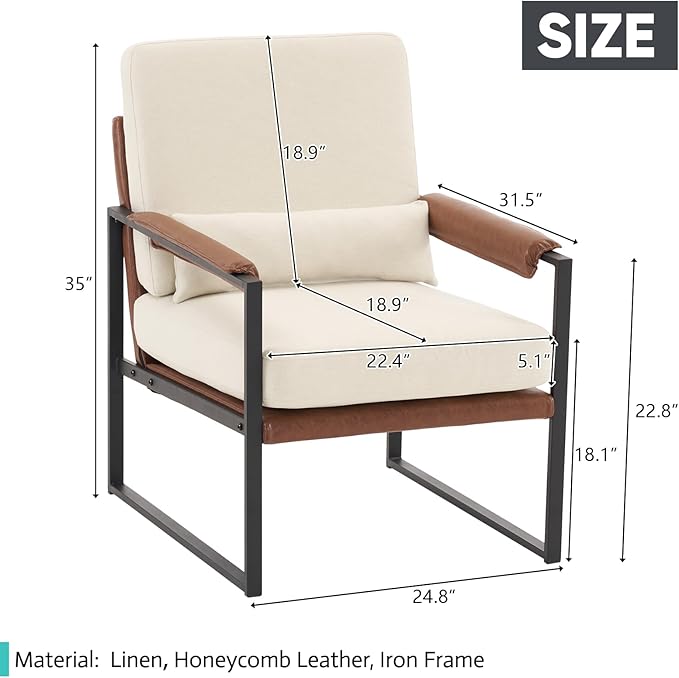 JOYBASE Modern Accent Chair Mid Century Modern Chair Armchair Metal Frame Comfy Reading Chair Lounge Arm Chair for Living Room Bedroom (Beige &amp Brown Linen)