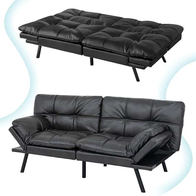 MUUEGM 71 Convertible Futon Sofa Bed Multi-Position Adjustable Back &amp Arms Space-Saving Comfortable Sleeper Couch Modern Loveseat for Urban Apartments &amp Offices – Matte Black