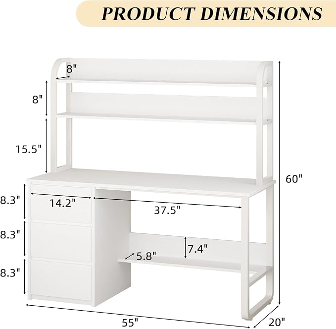 White Desk with Hutch 55 Inch Computer Desk with 3 Drawers for Bedroom Study Writing Desk with Shelves for Small Spaces Adjustable Feet