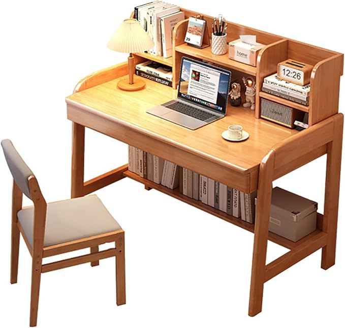 Solitar Soild Wood Computer Desk with HutchHome Office Desk Study Writing Desk with Shelves for Small SpaceSpace Saving PC Work Desk for Bedroom &amp Apartment(80x60x105cm(31x24x41in) Yellow)