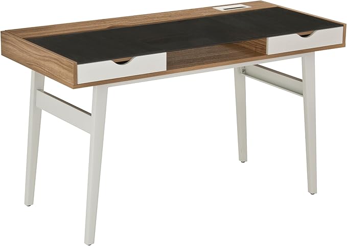51 Compact Computer Desk with Black Tempered Glass Top Easy-Access Back Storage Compartment 2 Drawers Open Shelf and Cable Management Stylish Home Office Desk with White Steel Frame Walnut