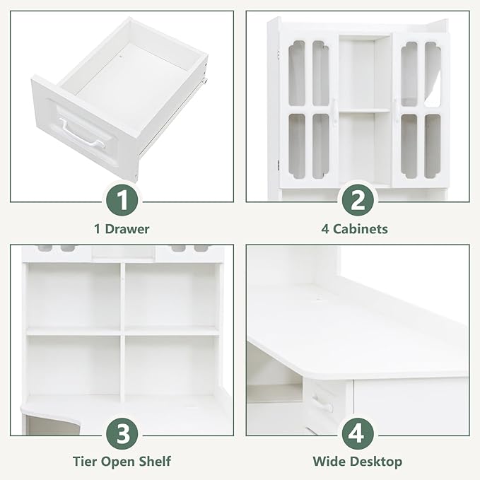 White Corner Desk with Bookshelf 2-in-1 L Shaped Desk with Hutch &amp Drawers Home Office Desk with Shelves &amp Storage Wooden Structure Easy Assembly (White)