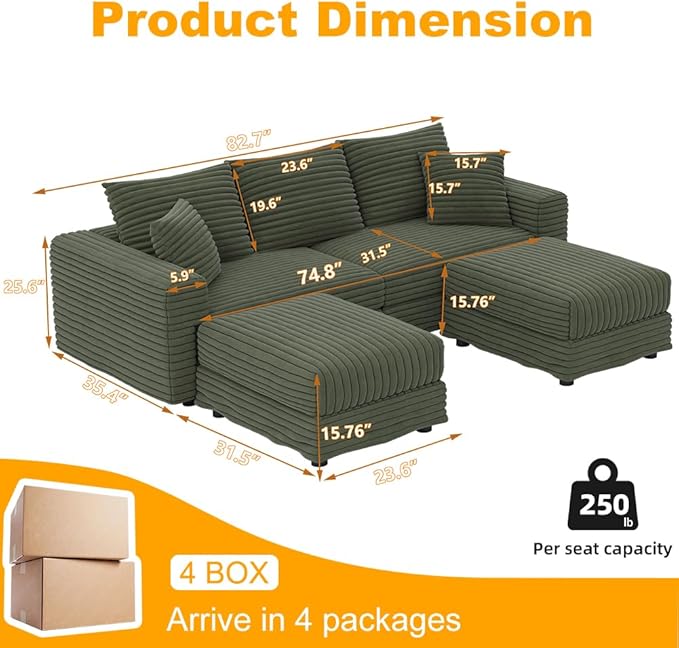 82.7'' Oversized Corduroy Couch Modular Sectional Sofa with 2 Ottomans Upholstered 3 Deep Seat U Shape Sofa Convertible Cloud Couches with Chaise Lounge for Living Room Apartment Green
