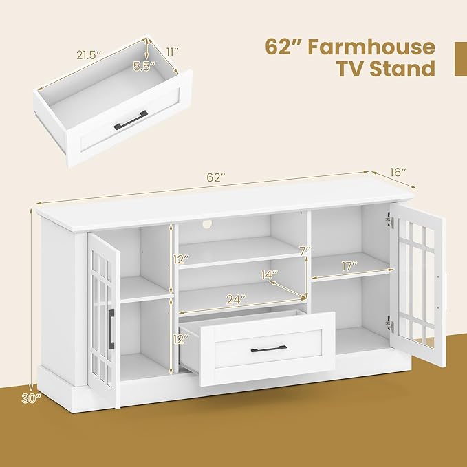 Giantex Farmhouse TV Stand for 65/70 Inch TV Tall Entertainment Center with Storage Cabinets Glass Doors Drawer Removable Shelves Media TV Console Table for Living Room Bedroom (White)