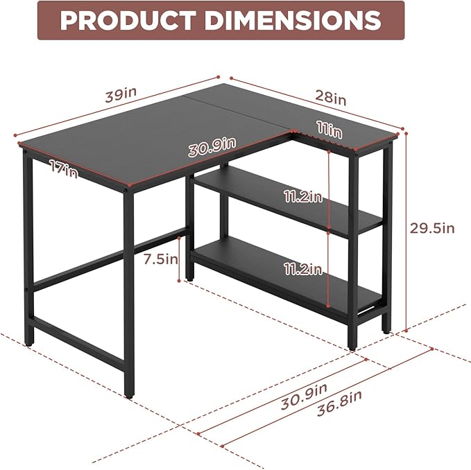 FDW L-Shaped Gaming Desk 39 Inch Computer Desk Corner Desks with Reversible Side Storage Shelves Study Desk Metal Frame PC Work Table for Home Office Dorm Sturdy Writing Workstation Black