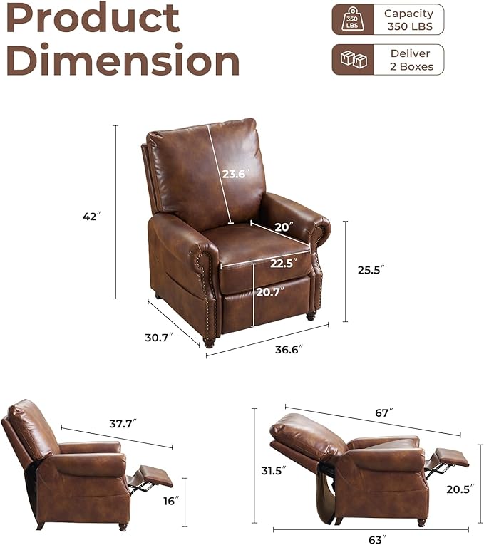 Pushback Recliner Chair with Massage and Heating Breathable Leather Recliner Chair with Overstuffed Backrest and Rivet Decoration Single Sofa Accent Chair for Living Room Light Brown
