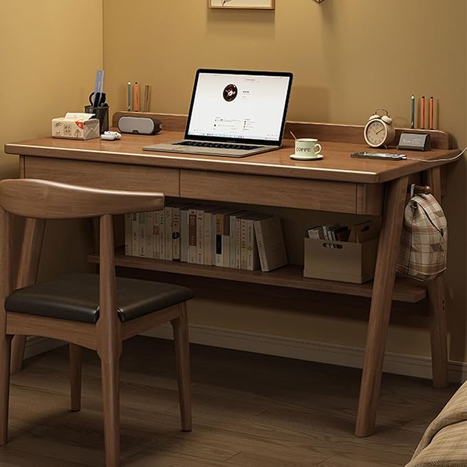 Mid-Century Modern Wood DeskComputer Desks with Drawers and Storage ShelfStudy Work Writing TableModern Industrial Home Office Desks for WritingExecutiveStudyWork(Walnut32in(80cm))