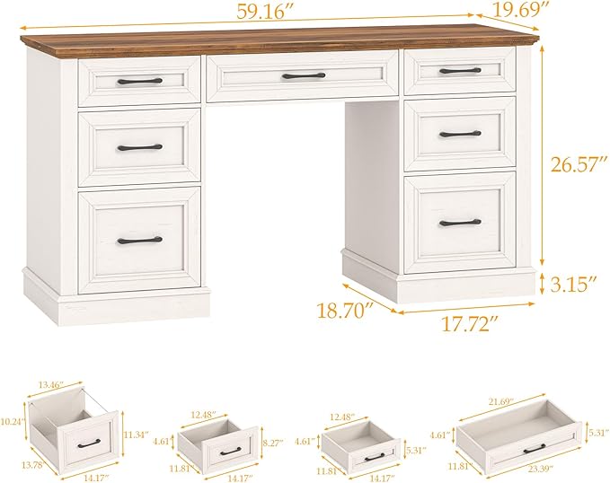 Vabches Farmhouse 59'' Executive Desk with File DrawersLarge Wood Home Office Workstation with Ample StorageRustic Writing Desk for Study.