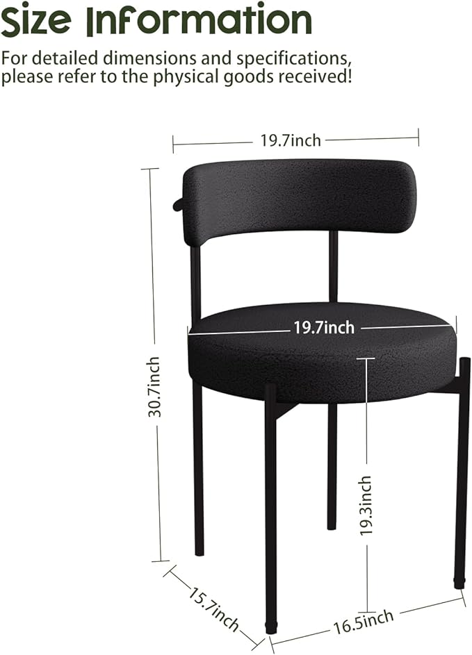 Boucle Dining Chairs Set of 6 Teddy Upholstered Dining Room Chairs Kitchen Chair with Metal Legs Mid Century Modern Chair for Dining Room Kitchen (Black Frame+Black 6)