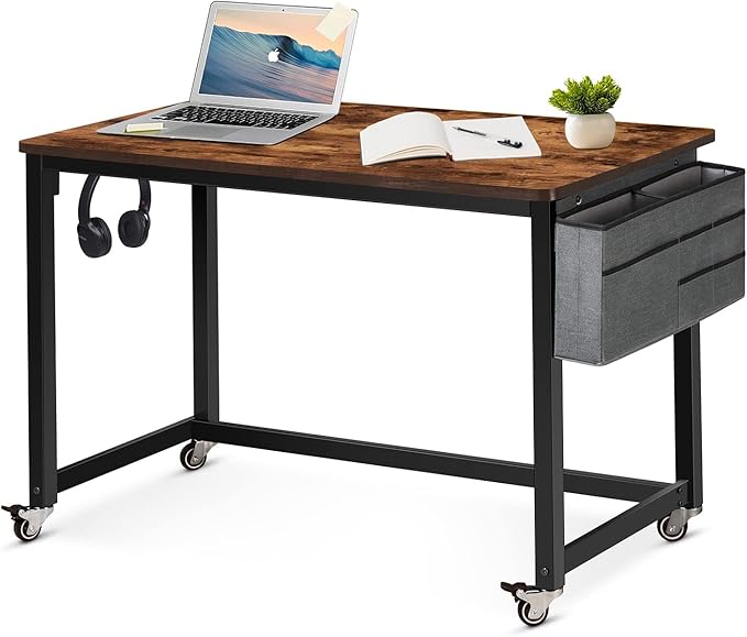 AHB Rolling Computer Desk with 4 Smooth Wheels Simple Style Mobile Writing Desk Home Office Study Table Movable Workstation with Metal Frame (Brown 39'')