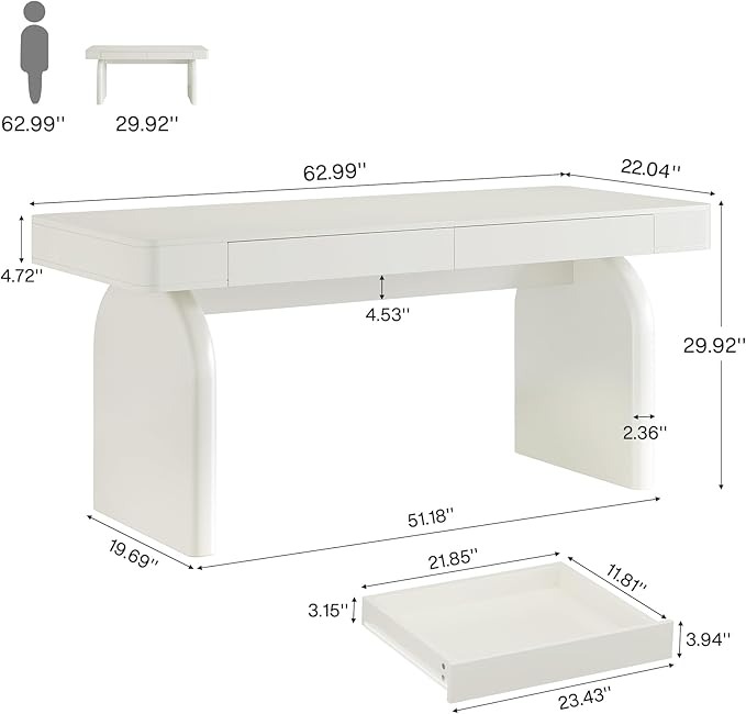 Tribesigns White Desk with Drawers 63-Inch Modern Executive Office Desk Glossy Elegant Work Study Desk Writing Table for Home Office Cream White
