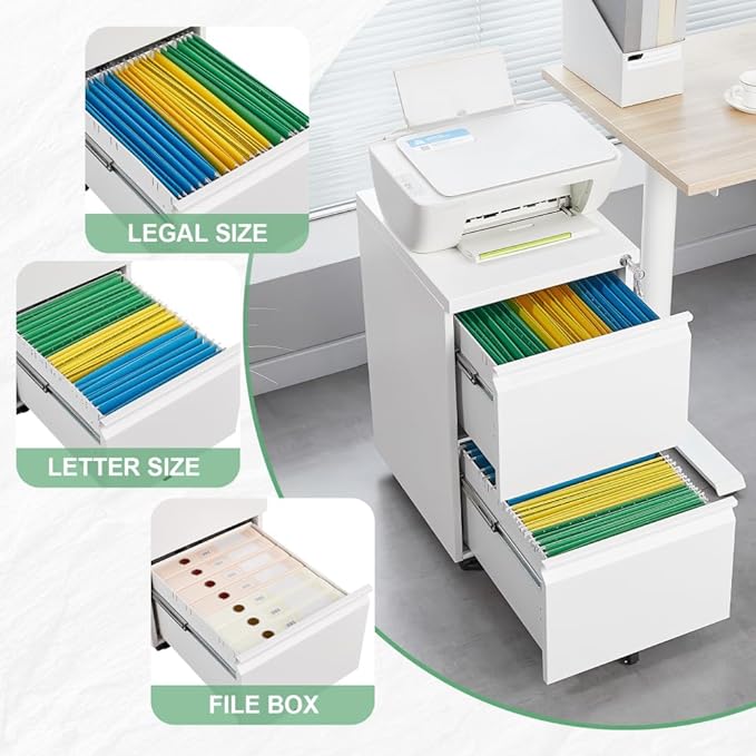 Heavy-Duty Steel Office File Cabinet with Locking Drawers Mobile Vertical Storage Unit for Legal Letter and A4 Documents (2 Drawer White)