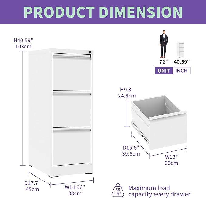 3 Drawer Small Metal Vertical File Cabinet with Lock Under Desk Storage Organizer Filing Cabinets for Home Office Locking Drawers for A4 Legal/Letter SizeWhite