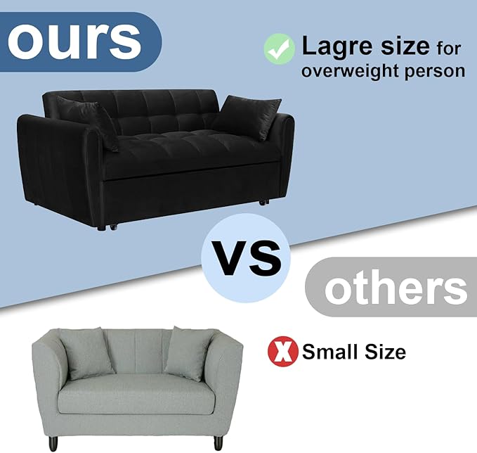 64.9 Velvet Convertible Sofa Bed 3-in-1 Sleeper Loveseat with Adjustable Backrest &amp Soft Armerest Modern Futon for Small Spaces Apartment Living Room Office (Black)